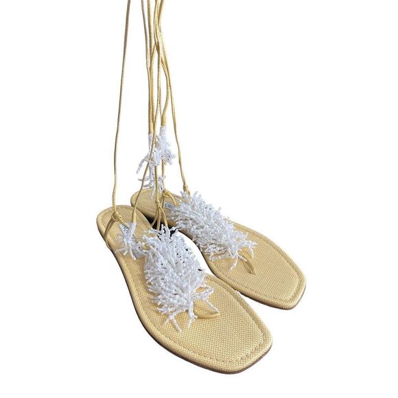 Aquazzura Panarea White Coral Beaded Tie Ankle Flat Sandals Size 37 - Picture 5 of 11